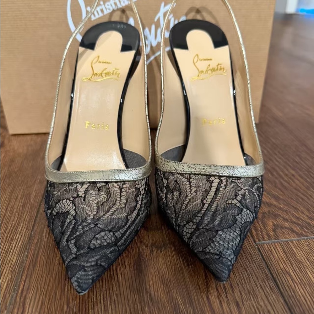 Christian Louboutin Black Lace and Metallic Gold Slingback Pumps - Picture 7 of 11